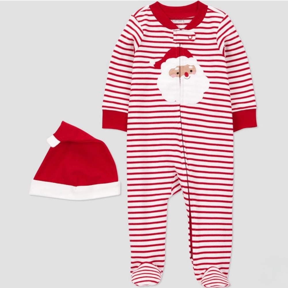 SANTA 2PC SET Red & White Striped Santa Zipper Sleeper & Adorable Santa Hat 9 mo